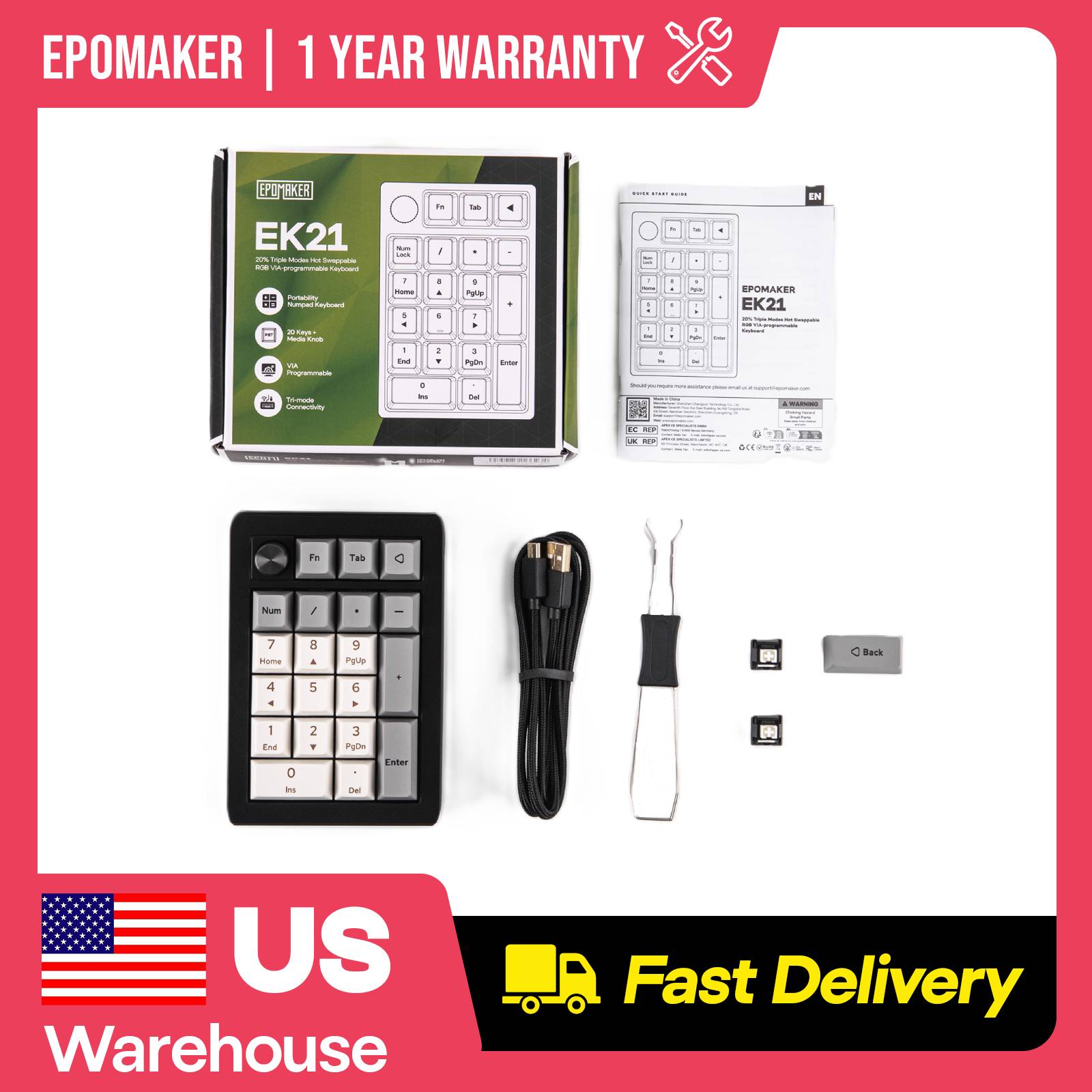 Mechanical Numpad Hot Swap Rgb Wireless - EPOMAKER EK21 20% Gasket Hot-Swap Tri-mode